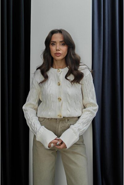 Havoş Κρεμ ζακέτα με πλεκτά μαλλιά με έξι κουμπιά