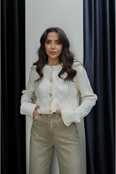 Havoş Κρεμ ζακέτα με πλεκτά μαλλιά με έξι κουμπιά