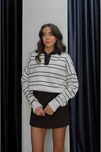 Havoş Ekru Hecht Çizgili Polo Yaka Kazak