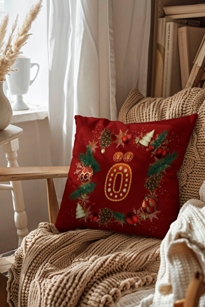 Pillow Dream Digital Printed Throw Pillow Cover in Red and Yellow Colors with New Year Themed Letter Globe Pine Tree Pattern