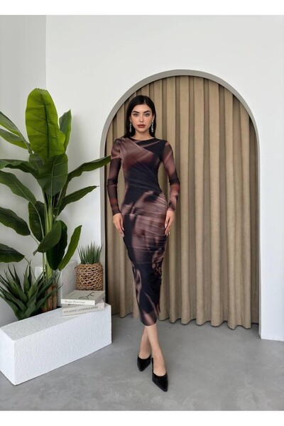 Monapera Bisiklet Yaka Uzun Kollu Amarone Desenli Midi Tül Elbise