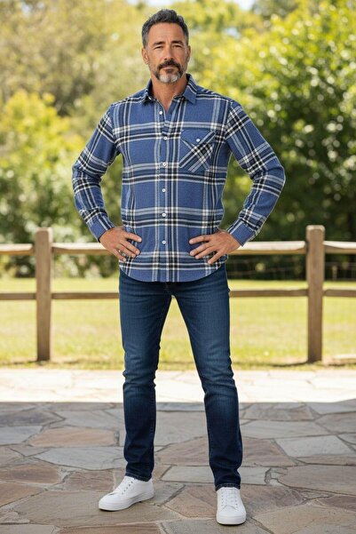 EREN STYLE Χειμερινό βαμβακερό μπλε μακρυμάνικο ανδρικό πουκάμισο ξυλοκόπος μ...