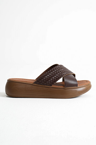 TRENDELLA Fayn acı kahve knitted pattern genuine leather slippers