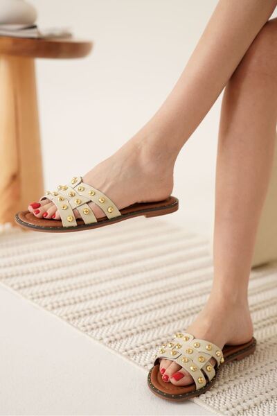 TRENDELLA Loose Beige Genuine Leather Slippers