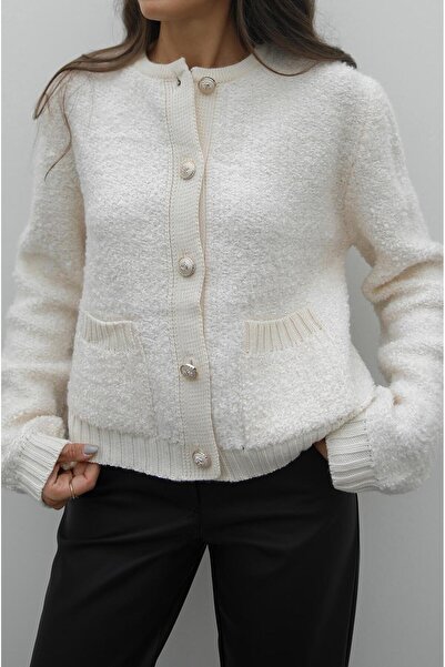 Havoş Ecru Gold Buttoned Textured Cardigan