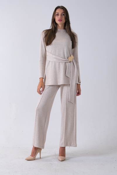 Feminist Altın Toka Detaylı Pantolonlu Takım Ekru 4577282