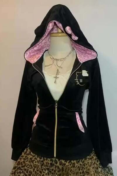 ARS Butik Hello Kitty roz negru catifea cu glugă Swea tricou