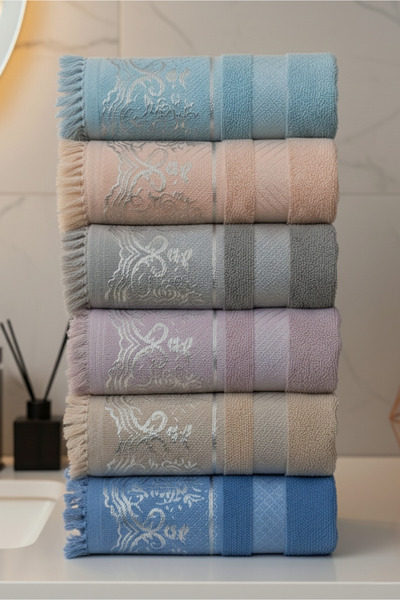 Lorateks مناشف قطنية 100% مع حواف مزخرفة، 6 قطع، مقاس 50×90 |   طقم مناشف |  ...