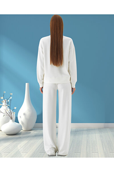 MinervaXint Women's Crew Neck Textured Logo Detailed Modal Fabric Oversized Sweatshirt