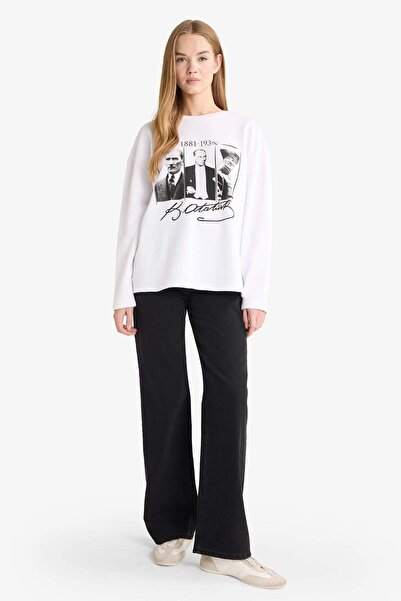 DeFacto 29 octombrie Ziua Republicii Coool Overshirt Fit guler rotund Atatürk cu imprimeu Tricou gros cu mânecă lungă