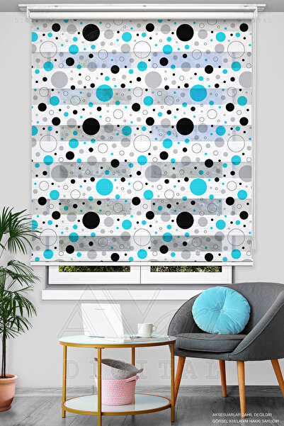 Avart Digital Turkuaz Siyah Puantiye Basklı Zebra Perde - Dijital Baskılı Zeb...