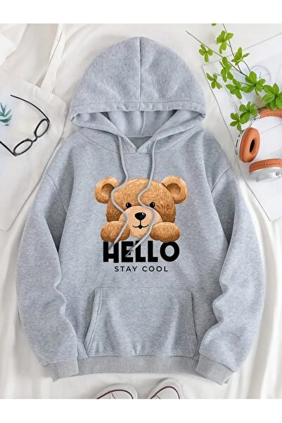 Massgai Hanorac unisex Bear Hello Cool cu imprimeu Design cu glugă supradimen...