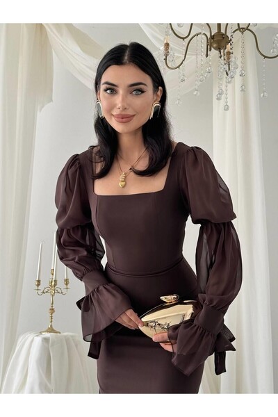 Mostpera Kare Yaka Uzun Kollu Hare Kolları Fırfır Detaylı Elbise