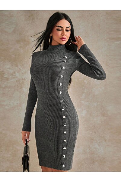 Cherry Butik Rochie creion din tricotaj cu detalii cu nasturi