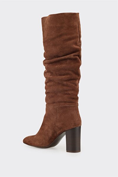 Elle Shoes Kahve Deri Kadın Topuklu Çizme