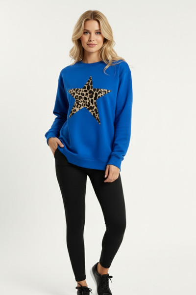 KOZİA OUTDOORS Дамска суитшърт с леопардов принт и звезден мотив, с широка кр...