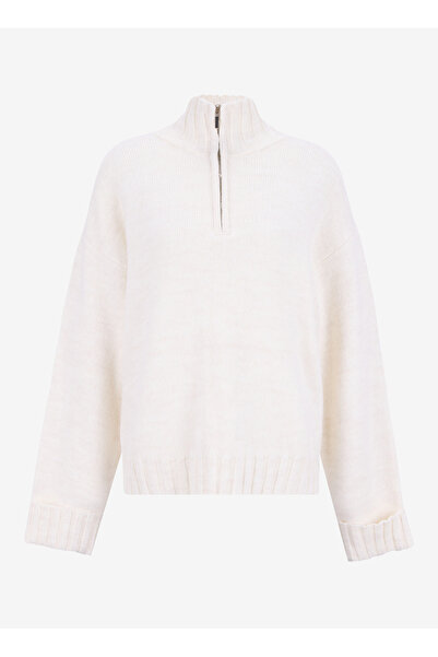 Mustang Fermuarlı Yaka Relaxed Düz Ekru Kazak Kadın M5WL-KZK1451