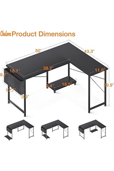 Chulovs 1.3m L-shaped Reversible Home Storage Desk – Black