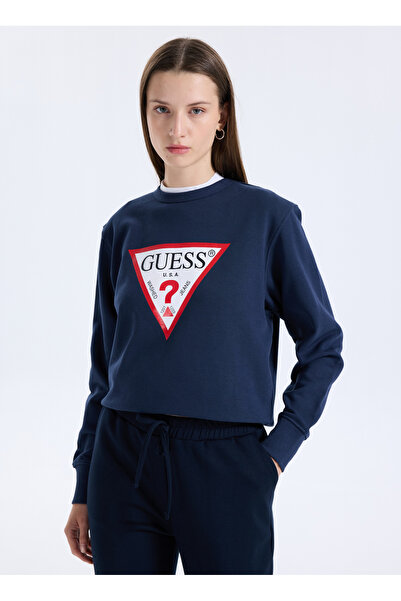 Guess Yuvarlak Yaka Baskılı Mavi Kadın Sweatshırt Original Fleece Kadın Sweatshirt