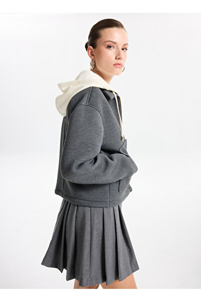 Fabrika Kapüşon Yaka Düz Antrasit Melanj Kadın Sweatshırt F5WL-SWT0032