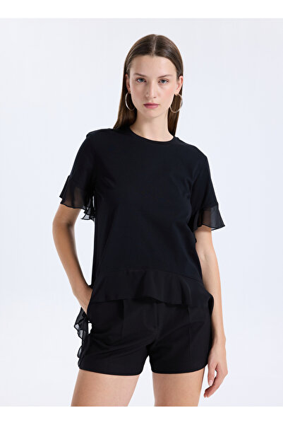 Sisley Bisiklet Yaka Düz Siyah Kadın T-Shirt 3WHCL107U