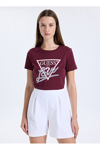 Guess Yuvarlak Yaka Baskılı Kırmızı Kadın T-Shirt Pearls Kadın Regular Fit T-...