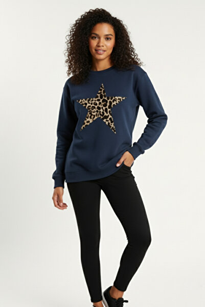 KOZİA OUTDOORS Дамска суитшърт с леопардов принт и звезден мотив, с широка кр...