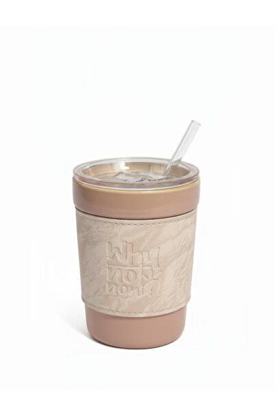 genric Ceramic Matcha and Coffee Mug - Pink Design with Velvet Leather Texture and Glass Straw - 400ml (13.5oz)