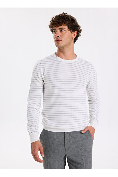 Fabrika Bisiklet Yaka Slim Fit Çizgili Ekru Erkek Kazak F5WM-KZK 2306