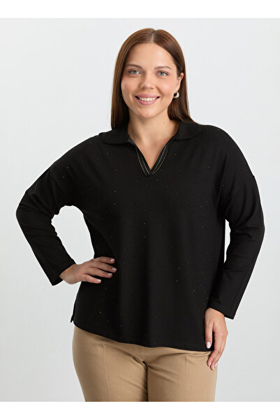 Selen Polo Yaka Taşlı Siyah Kadın Bluz 25KSL8213
