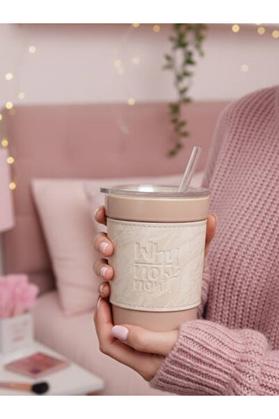 genric Ceramic Matcha and Coffee Mug - Pink Design with Velvet Leather Texture and Glass Straw - 400ml (13.5oz)