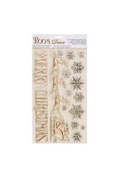 SHOPIENS Autocolant decorativ de Crăciun - Moș Crăciun cu sanie și fulgi de zăpadă, „Crăciun fericit” - Bej/Șampanie/S