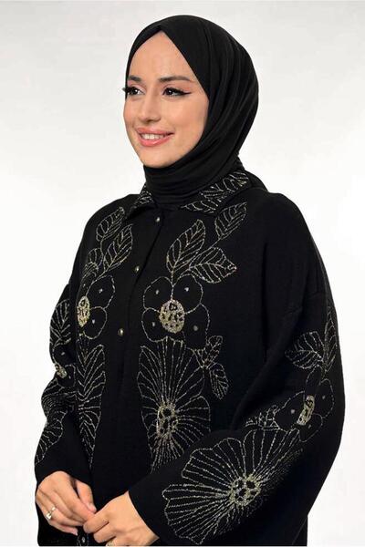 TRENDTESETTÜR Women's Black (Black-Gold) Flower Patterned Knitwear Cardigan t 01381