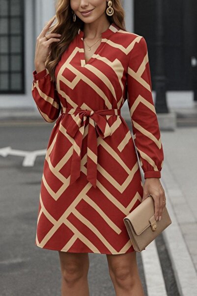 Mossta V-Neck Patterned Belted Diver Dress - Burgundy