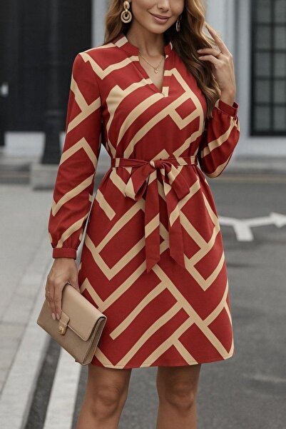 Mossta V-Neck Patterned Belted Diver Dress - Burgundy