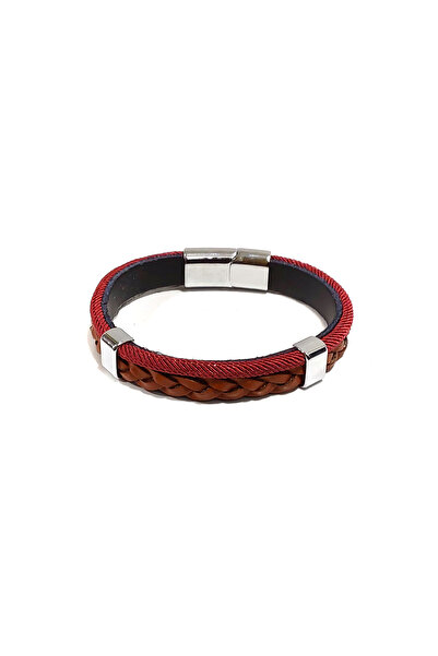 Herşey Nota Round Shell Hair Weave Red Brown Leather Unisex Bracelet – Hand-K...