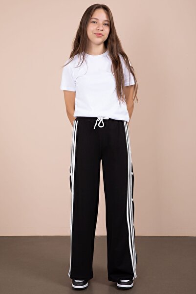 Cansın Mini Black Striped Snap Closure Wide Leg Girls' Elastic Waist Sweatpants 23281