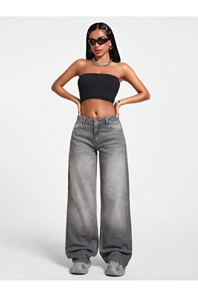 SİNGBADA Kadın Yüksek Bel Wide Leg Bol Paça Jean Kot Pantolon - Füme Gri