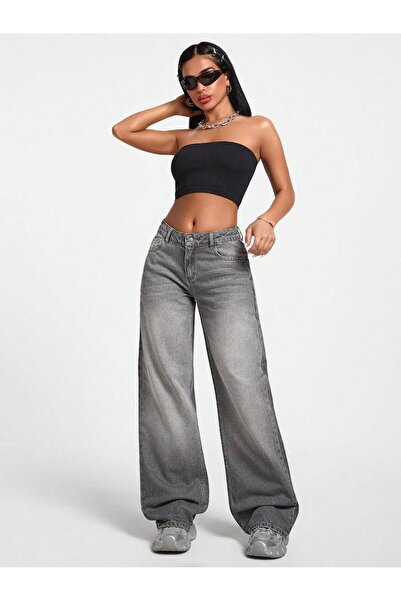 SİNGBADA Kadın Yüksek Bel Wide Leg Bol Paça Jean Kot Pantolon - Füme Gri