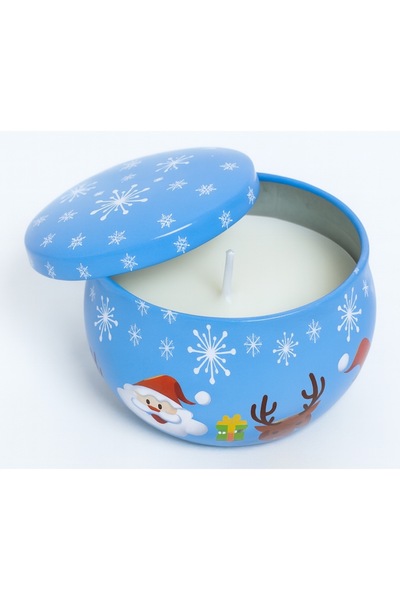 OEM Lumânare decorativă parfumată de Crăciun în cutie metalică cu capac, design Moș Crăciun, 6,5 x 4 cm, albastru deschis