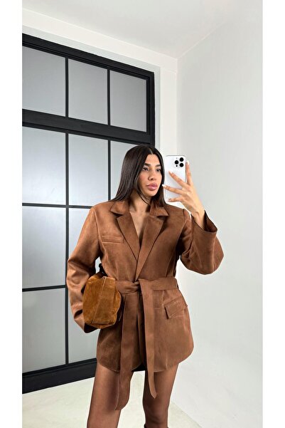 Gaus Camel Belted Shoulder Pad Layer Lined Design Suede Jacket Gaus-00568