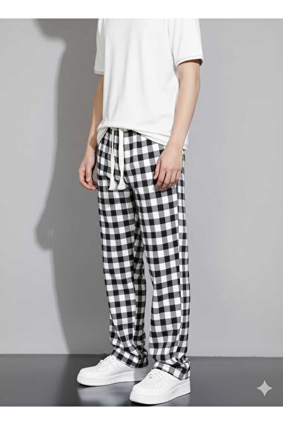 Lawina Giyim Unisex Ekose Siyah Beyaz Kareli Pijama Eşofman