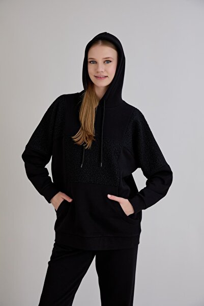 Sortie Women's Knitwear Buklet Paneled Regular Fit Black Tracksuit Bottom Top Set