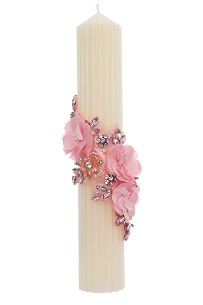 Recostore Κερί με αυλακώσεις για βάπτιση, ιβουάρ με ροζ λουλουδάτες λεπτομέρε...
