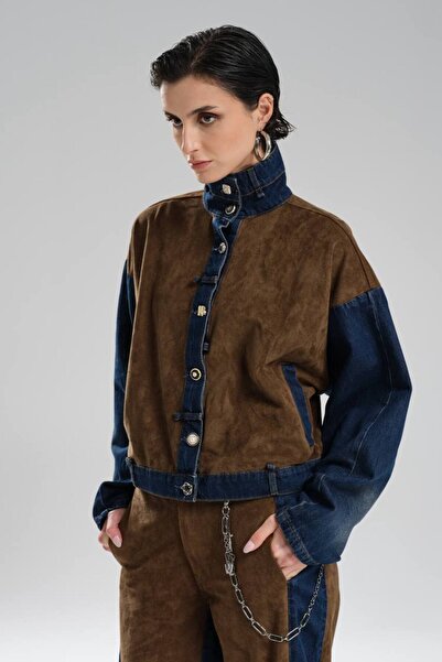 tw3 Kadın Süet Kumaş Garnili Düğme Detaylı Tasarım Ceket