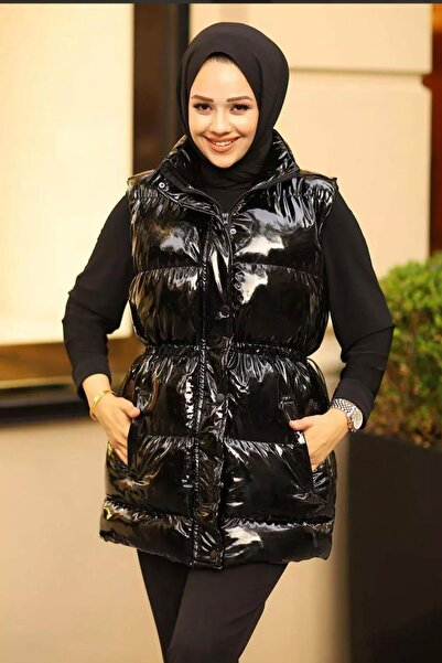 Hb Harma Time Butik Дамско черно лъскаво пухено яке с копчета и джобове