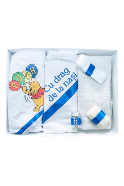 OEM Set botez personalizat 6 piese - „Cu dragoste de la nași” - Winnie the Pooh - Alb/Electri