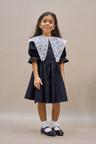KÜÇÜĞÜM BUTİK Vintage Collared Black Girls' Poplin Dress
