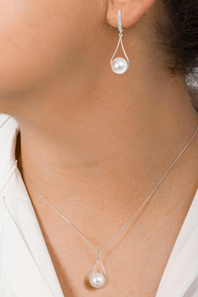 klas gümüş Kadın İnci Takı Seti Rodyum Kaplamalı 10mm - Gümüş Hediyelik Takım