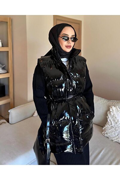 Hb Harma Time Butik Дамско черно лъскаво пухено яке с цип и джобове